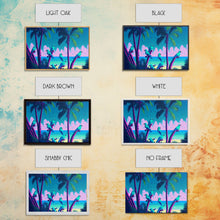 Load image into Gallery viewer, Tropical birds of paradise, synthwave, vaporwave wall art, framed canvas print
