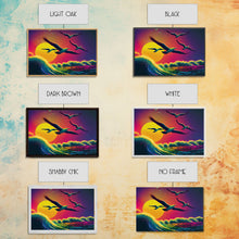 Carregar imagem no visualizador da galeria, Flock of Seagulls, art deco style sun, framed canvas print, synthwave retrowave animal art
