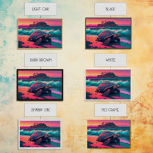 Load image into Gallery viewer, Sea turtle fighting the waves, framed canvas art, synthwave, vaporwave, animal prints
