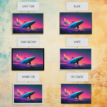 Load image into Gallery viewer, Humpback whale breaching a rainbow, vaporwave art, synthwave animal print, framed canvas print
