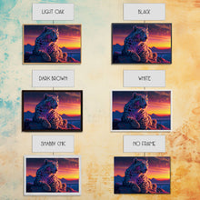 Load image into Gallery viewer, Portrait of a leopard at sunset, vaporwave art, framed canvas print, framed wall art, animal prints
