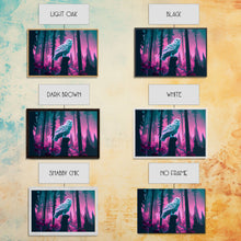Load image into Gallery viewer, White owl in synthwave forest, vaporwave style animal print art, framed canvas print
