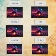 Load image into Gallery viewer, Campfire under a Full Moon, Framed canvas print, retro synthwave / outrun style primitive home decor
