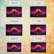 Load image into Gallery viewer, Outrun Style Futuristic Cyberpunk City Skyline at Sunset, Concept art, framed canvas print, dystopian art
