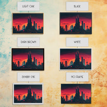 Load image into Gallery viewer, Outrun Style Pixel Art Futuristic Cyberpunk City Skyline at Sunset, Concept art, framed canvas print, dystopian art
