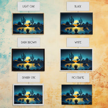 Load image into Gallery viewer, Retro Art Deco Style Pueblo Desert Art, Cactus Desert Landscape under a Full Moon, Framed Canvas Print, Cute Western Decor
