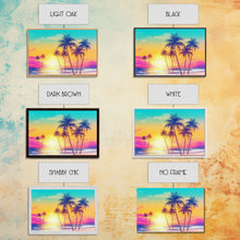 Load image into Gallery viewer, Colorful sunset Wall art, Framed Canvas Print, Synthwave Style, Guest room art, Pop Art Style, Watercolors, Beautiful art, Tropical Art
