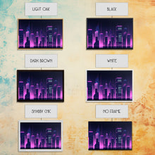 Cargar imagen en el visor de la galería, Big City Wall Art | Framed Canvas Print | Living room art | Office decor | Buildings | Outrun Style | Landscape | Night | Pop Art | City

