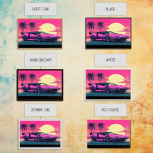 Cargar imagen en el visor de la galería, Classic sport car Wall Art, Framed Canvas Print, Guest room art, Beautiful sunset, Synthwave Style, Pink Colors, Pop Art Style, Tropical art
