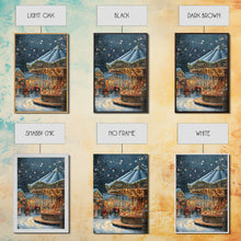 Cargar imagen en el visor de la galería, Christmas Carousel at a Snowy Night Market with Festive Lights and Ornaments, Framed Canvas Print for Christmas Wall Decor
