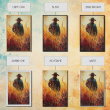 Load image into Gallery viewer, Cowboy in Golden Wheat Field Canvas Print, Western Landscape Art Gift, Seasonal Decor, Modern, Perfect Holiday Gift, Framed Canvas Print
