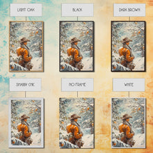 Load image into Gallery viewer, Cowboy in Snowy Orchard Canvas Print with Frosty, Christmas Wall Art Gift, Seasonal Decor, Winter Wonderland, Holiday Decor, Canvas Print
