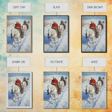 Load image into Gallery viewer, Cowboy Riding Horses in Snow Canvas Print, Winter Wall Art, Rustic Christmas Decor, Holiday Gift Idea, Seasonal Art, Framed Canvas Print
