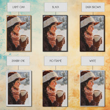 Load image into Gallery viewer, Framed canvas print of a peaceful winter scene with a woman a hot chocolate perfect for holiday gift idea or rustic Christmas wall art decor

