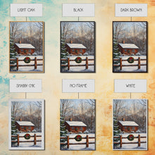 Load image into Gallery viewer, Snowy Log Cabin With Wreath And Fence Framed Canvas Print Rustic Winter Scene With Cozy Cabin In Snow Perfect Christmas Home Decor Wall Art
