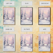 Load image into Gallery viewer, Pink Snowy Cabin Landscape Framed Canvas Print Wall Art Winter Wonderland Decor, Christmas Art Gift, Rustic Winter Scene Art
