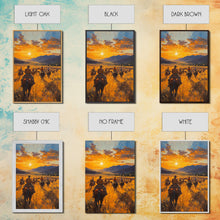 Load image into Gallery viewer, Cowboy Riders at Dusk Framed Canvas Print, Warm Sunset Western Scene with Riders on the Plains, Fall Decor Ranch Homes and Country Wall Art
