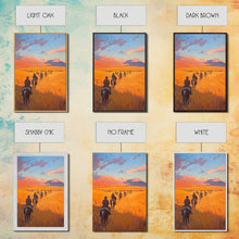 Load image into Gallery viewer, Cowboy Campfire Framed Canvas Print, Evening Gathering with Riders Around Fire, Western Landscape Art for Fall or Winter Home Decor
