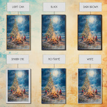 Cargar imagen en el visor de la galería, Christmas by the Bonfire Framed Canvas Print Family Gathering Around Christmas Tree Beach, Coastal Holiday Wall Art Nautical Christmas Decor
