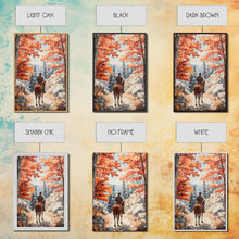 Load image into Gallery viewer, Cowboy riding through autumn forest, Framed Canvas Print, fall landscape wall art, western style decor for cozy homes, perfect gift idea
