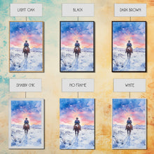 Load image into Gallery viewer, Cowboy riding through snowy sunset, Framed Canvas Print, winter landscape wall art, western decor for above sofa, rustic holiday decor
