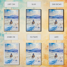 Load image into Gallery viewer, Cowboy riding through snowy mountain pass, Framed Canvas Print, western winter landscape wall art, farmhouse holiday decor Christmas gift
