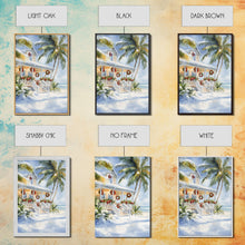 Carregar imagem no visualizador da galeria, Beach Christmas porch with palm trees and wreaths, holiday decor Framed Canvas Print Christmas wall art farmhouse tropical decor idea
