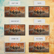 Load image into Gallery viewer, Framed Canvas Print Horseback Riders in Rustic Fall Forest, Cowboy Theme Wall Art, Autumn Home Decor, and Seasonal Canvas Wall Print
