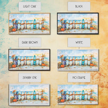 Load image into Gallery viewer, Framed Canvas Print Beach Scene with Surfboards and Pumpkins, Fall Beach Decor, Autumn Coastal Wall Art, Perfect Fall Beach Theme
