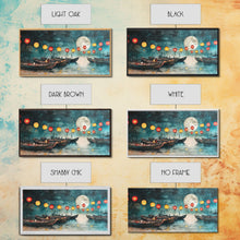 Load image into Gallery viewer, Framed Canvas Print Full Moon Lanterns on Boats, Dreamy Night Scene, Watercolor Christmas Art, Unique Holiday Decor, Coastal Christmas
