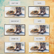 Load image into Gallery viewer, Framed Canvas Print Cowboy Boots and Rope with Pinecones, Rustic Winter Decor, Western Christmas Art, Perfect Holiday Wall Print
