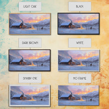 Load image into Gallery viewer, Cozy Snowy Log Cabin Tall Art Framed Canvas Print Winter Home Decor With Warm Fireplace And Horse Rider Under A Beautiful Sunset Scene
