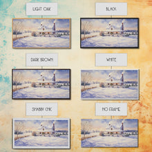 Cargar imagen en el visor de la galería, Farmhouse Christmas decor Framed Canvas Print snowy white farmhouse with wreath winter wonderland holiday decor best gift Christmas wall art
