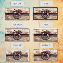 Cargar imagen en el visor de la galería, Festive horseshoe Christmas art, rustic holiday decor, farmhouse holiday gift idea, cozy winter home decor, framed canvas print
