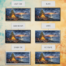 Carregar imagem no visualizador da galeria, Beach Christmas decor with bonfire, sunset coastal holiday wall art, Christmas tree print, festive coastal art gift, framed canvas print
