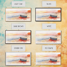 Carregar imagem no visualizador da galeria, Autumn beach landscape art, fall sunset wall art, coastal boat decor, beach fall home decor, seasonal wall art gift, framed canvas print
