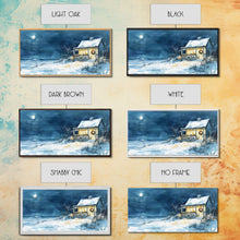 Cargar imagen en el visor de la galería, Coastal Christmas cabin decor, winter beach house art, snowy holiday seaside print, cozy Christmas wall art, framed canvas print
