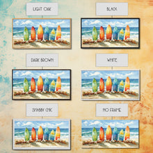 Load image into Gallery viewer, Colorful surfboards Christmas wall art, beach holiday decor, coastal Christmas art, framed canvas print, tropical Christmas art gift
