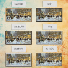 Carregar imagem no visualizador da galeria, Bustling Christmas Street Scene Tall Art Framed Canvas Print Vintage Winter Holiday Scene With Horse-Drawn Carriages And Festive Lights
