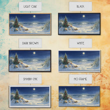 Cargar imagen en el visor de la galería, Christmas Tree on Snowy Beach with Full Moon, Framed Canvas Print, Coastal Christmas Art, Nautical Holiday Decor, Winter Wonderland, Beach
