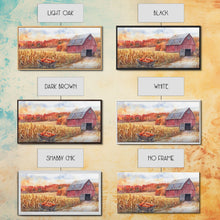 Carregar imagem no visualizador da galeria, Autumn Barn with Pumpkins in Wheelbarrow, Farmhouse Fall Decor, Framed Canvas Print, Seasonal Wall Art, Country Home Decor, Gift Idea
