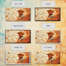Load image into Gallery viewer, Cowboy and Fall Leaves, Framed Canvas Print Seasonal Wall Art Christmas Cowboy Gift Winter Landscape Wall Decor
