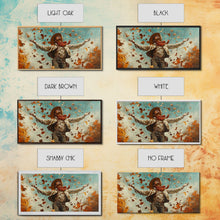 Load image into Gallery viewer, Cowboy Throwing Leaves In The Air, Funny Western Decor, Framed Canvas Print, Mood Lifting Wall Art, Fall Decor
