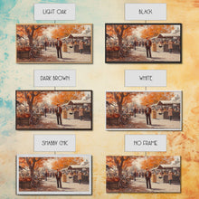 Load image into Gallery viewer, Cowboy in green jacket, snow-capped mountains trees, Framed Canvas Print, tall western Christmas wall art, winter decor, colorful landscape
