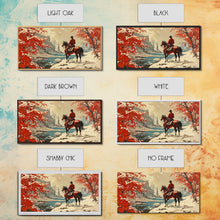 Load image into Gallery viewer, Cowboy resting by campfire under aspen trees with mountains in background, Framed Canvas Print, rustic wall art, warm western decor piece
