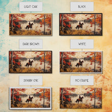 Load image into Gallery viewer, Cowboy on mountainside with red autumn leaves rugged cliffs, Framed Canvas Print, fall landscape wall art, western decor with warm colors
