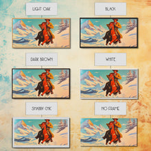 Load image into Gallery viewer, Cowboy in red jacket riding through snow-covered forest, Framed Canvas Print, vibrant winter wall art, rustic western decor
