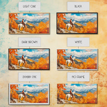 Load image into Gallery viewer, Cowboy on autumn swing, Framed Canvas Print, rustic Western art with vibrant fall, tall framed canvas print autumn decor farmhouse wall art
