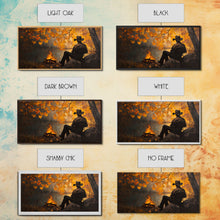 Load image into Gallery viewer, Cozy autumnal Framed Canvas Print featuring a woman with a mug, surrounded by vibrant fall leaves, perfect seasonal wall art for cozy spaces
