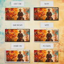 Load image into Gallery viewer, Cowboy Riding Through The Autumn Trees, Framed Canvas Print, Rustic Farmhouse Wall Art, Boho Style Seasonal Watercolor Painting

